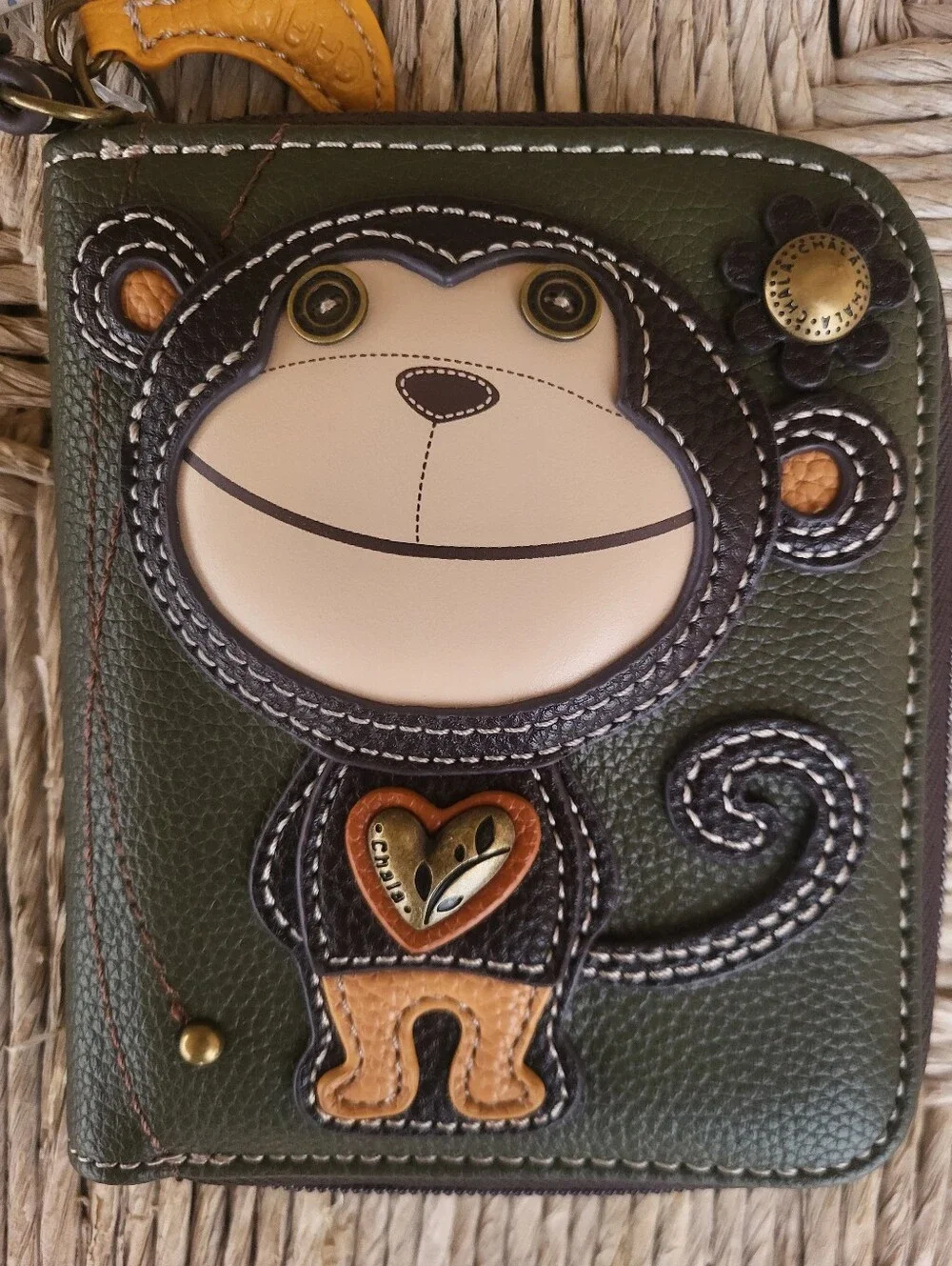CHALA Monkey Wallet Vegan Leather, Zip Around. Olive